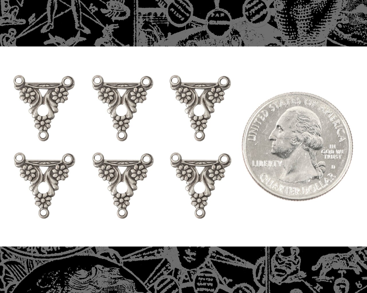 Antiqued Silver Plated Brass Floral Triangle Three Ring Connectors - Set of Six - S-3C39